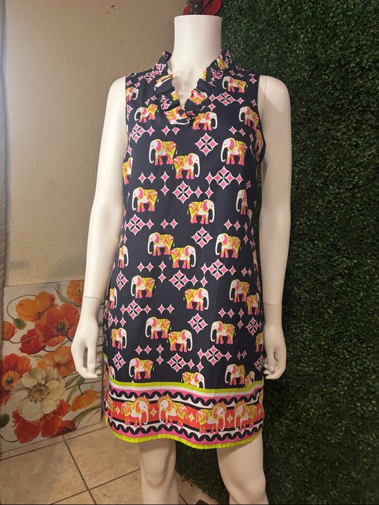 crown & ivy Dresses & Skirts - Sleeveless Navy Elephant Print Shift Dress - Pink & Yellow Accents